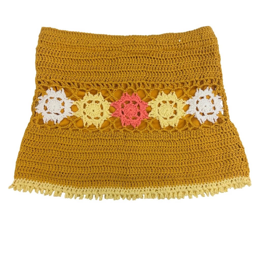 Mora Mustard Yellow Crochet Floral Medallion Fringe Mini Skirt One Size Boho - Picture 2 of 8